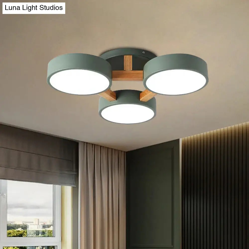Macaron Drum Shade Led Ceiling Lamp - Green/Grey/White Bedroom Flush Light