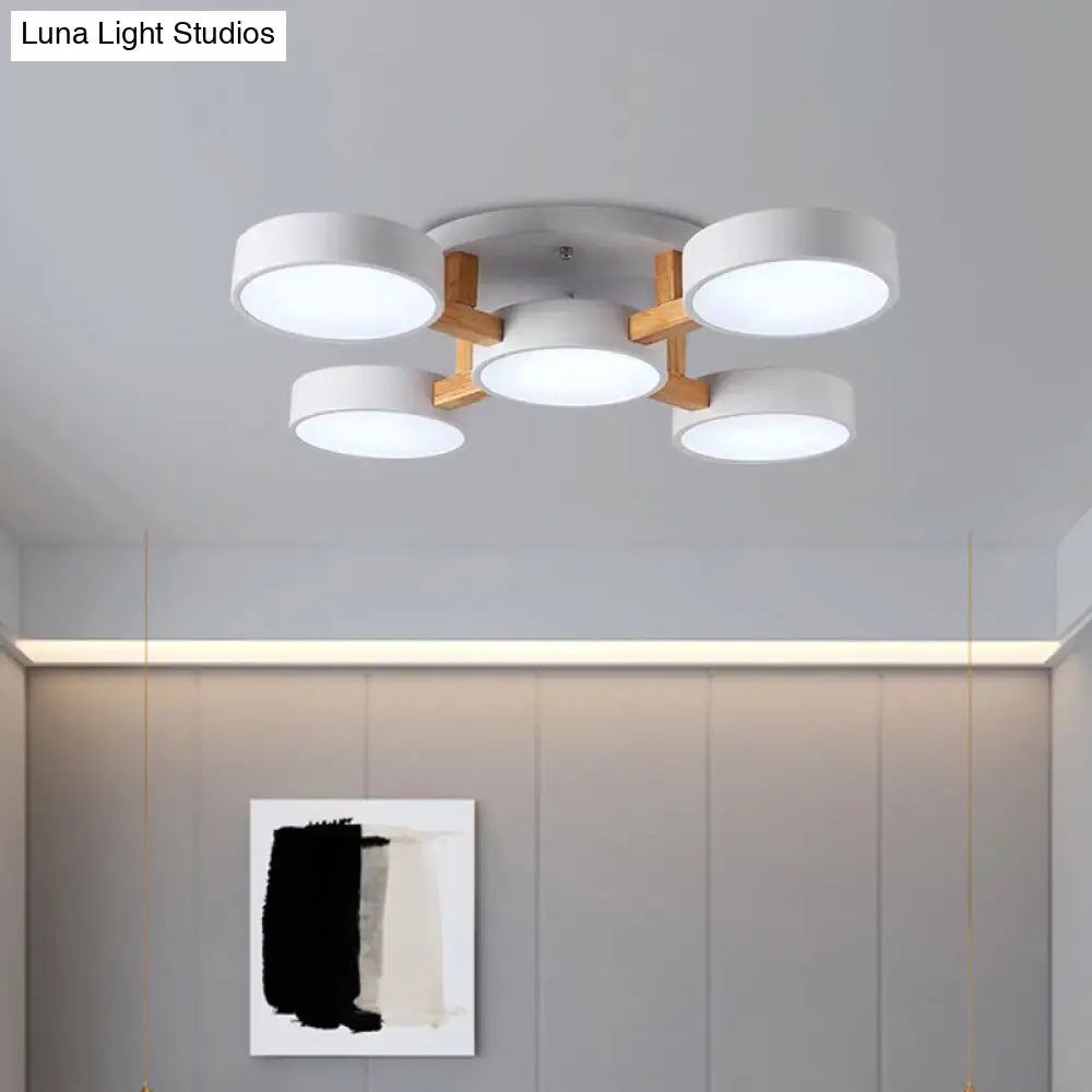 Macaron Drum Shade Led Ceiling Lamp - Green/Grey/White Bedroom Flush Light