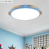 Macaron Flower Flush Mount Led Ceiling Light Fixture - White/Green/Blue And Wood