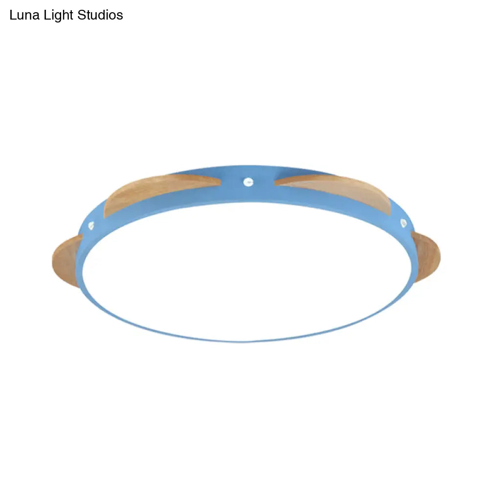 Macaron Flower Flush Mount Led Ceiling Light Fixture - White/Green/Blue And Wood