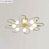 Macaron Flush Mount Ceiling Lamp With Metallic Semi Design - Green Blossom 8 Bulbs