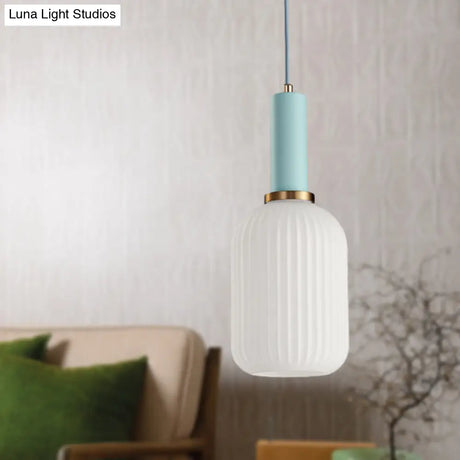 Macaron Pendant Light: Black/Pink/Blue Cylinder/Oval/Drum White Glass Shade 5’/8’/12’ Wide