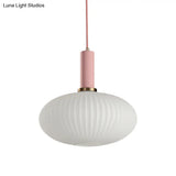 Macaron Pendant Light: Black/Pink/Blue Cylinder/Oval/Drum White Glass Shade 5’/8’/12’ Wide