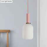 Macaron Pendant Light: Black/Pink/Blue Cylinder/Oval/Drum White Glass Shade 5’/8’/12’ Wide