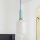 Macaron Pendant Light: Black/Pink/Blue Cylinder/Oval/Drum White Glass Shade 5’/8’/12’ Wide Blue / 5’