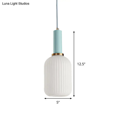 Macaron Pendant Light: Black/Pink/Blue Cylinder/Oval/Drum White Glass Shade 5’/8’/12’ Wide