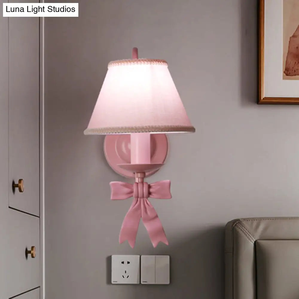 Macaron Pink Bow Wall Lamp With Fabric Shade - Bedroom Mounted Light