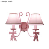 Macaron Pink Bow Wall Lamp With Fabric Shade - Bedroom Mounted Light