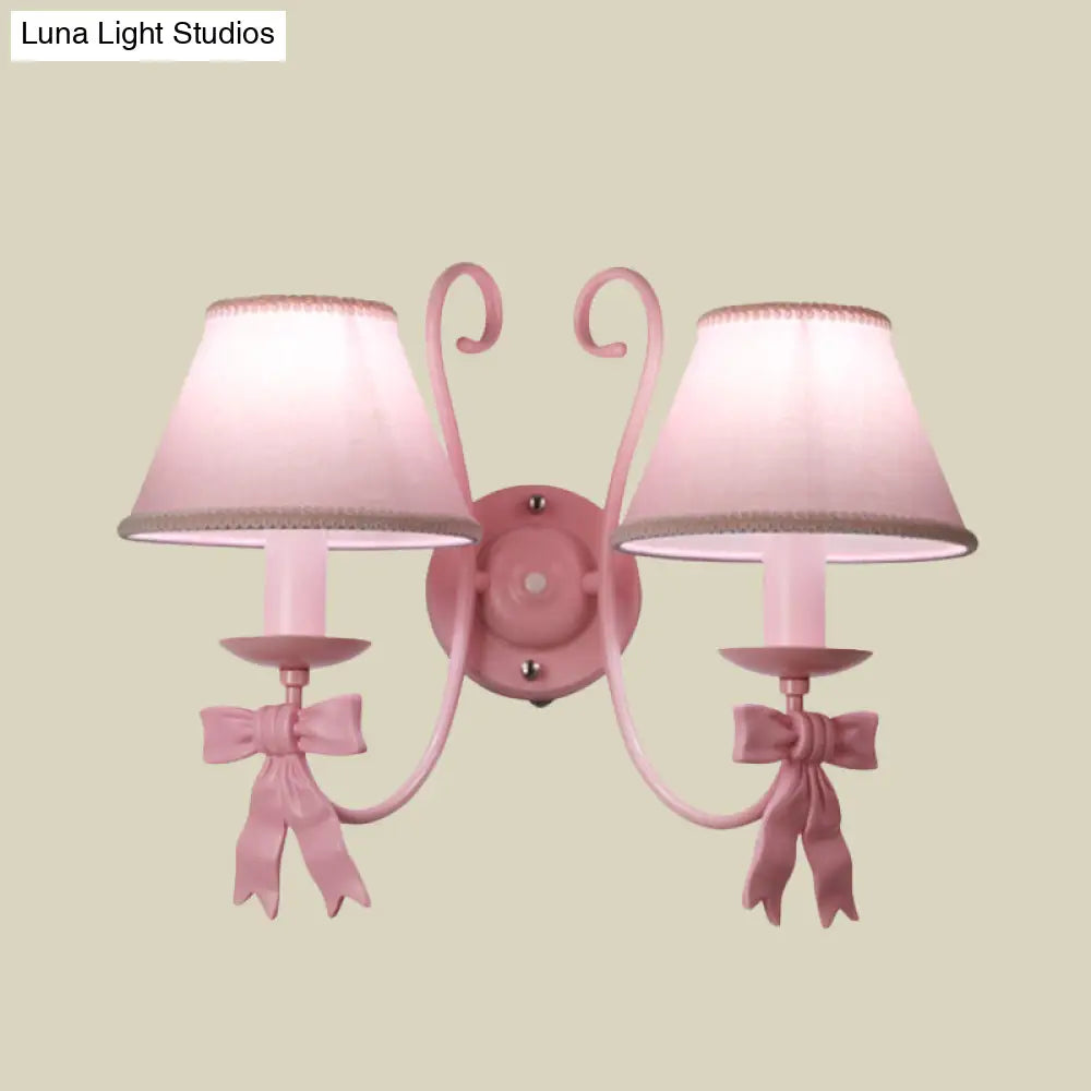 Macaron Pink Bow Wall Lamp With Fabric Shade - Bedroom Mounted Light