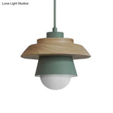 Macaron Single Pink/Grey/Green Wood Pendant Lamp Kit - 2-Shade Iron Hanging Fixture