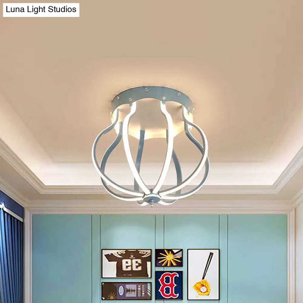 Macaron Style Aluminum Led Ceiling Light - Yellow/Blue Pear Cage Semi Flush Mount For Bedroom
