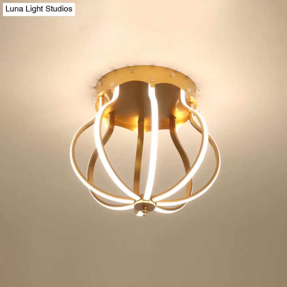 Macaron Style Aluminum Led Ceiling Light - Yellow/Blue Pear Cage Semi Flush Mount For Bedroom