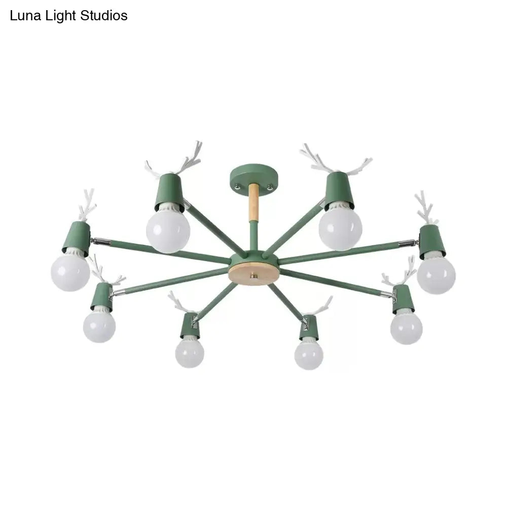 Macaron Sweet Cone Game Room Chandelier - Metal 8-Light Hanging Light With Antlers