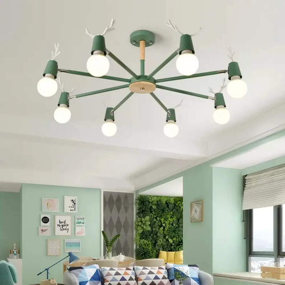 Macaron Sweet Cone Game Room Chandelier - Metal 8-Light Hanging Light With Antlers Green