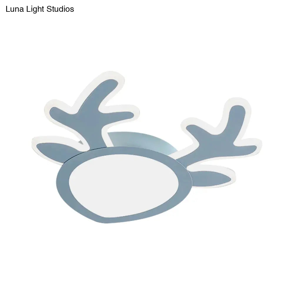 Macaroon Pink/Blue Led Children’s Bedroom Ceiling Light - Antler Iron Flush Mount Lamp