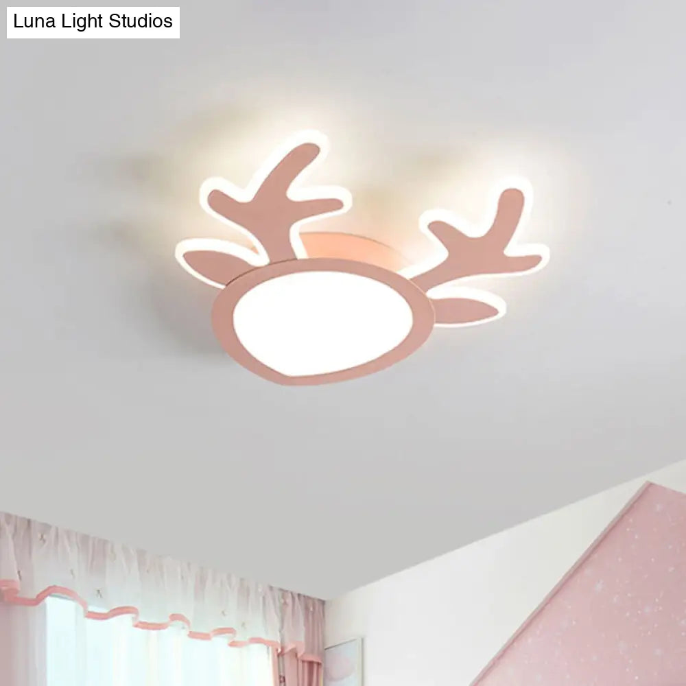 Macaroon Pink/Blue Led Children’s Bedroom Ceiling Light - Antler Iron Flush Mount Lamp