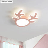 Macaroon Pink/Blue Led Children’s Bedroom Ceiling Light - Antler Iron Flush Mount Lamp