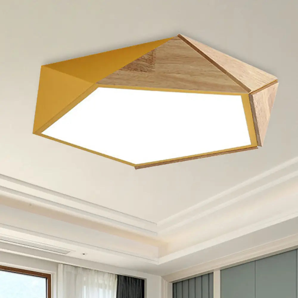 Macron Style Pentagon Study Room Ceiling Lamp In Green/Pink/Yellow - Acrylic & Wood Led Mount Light