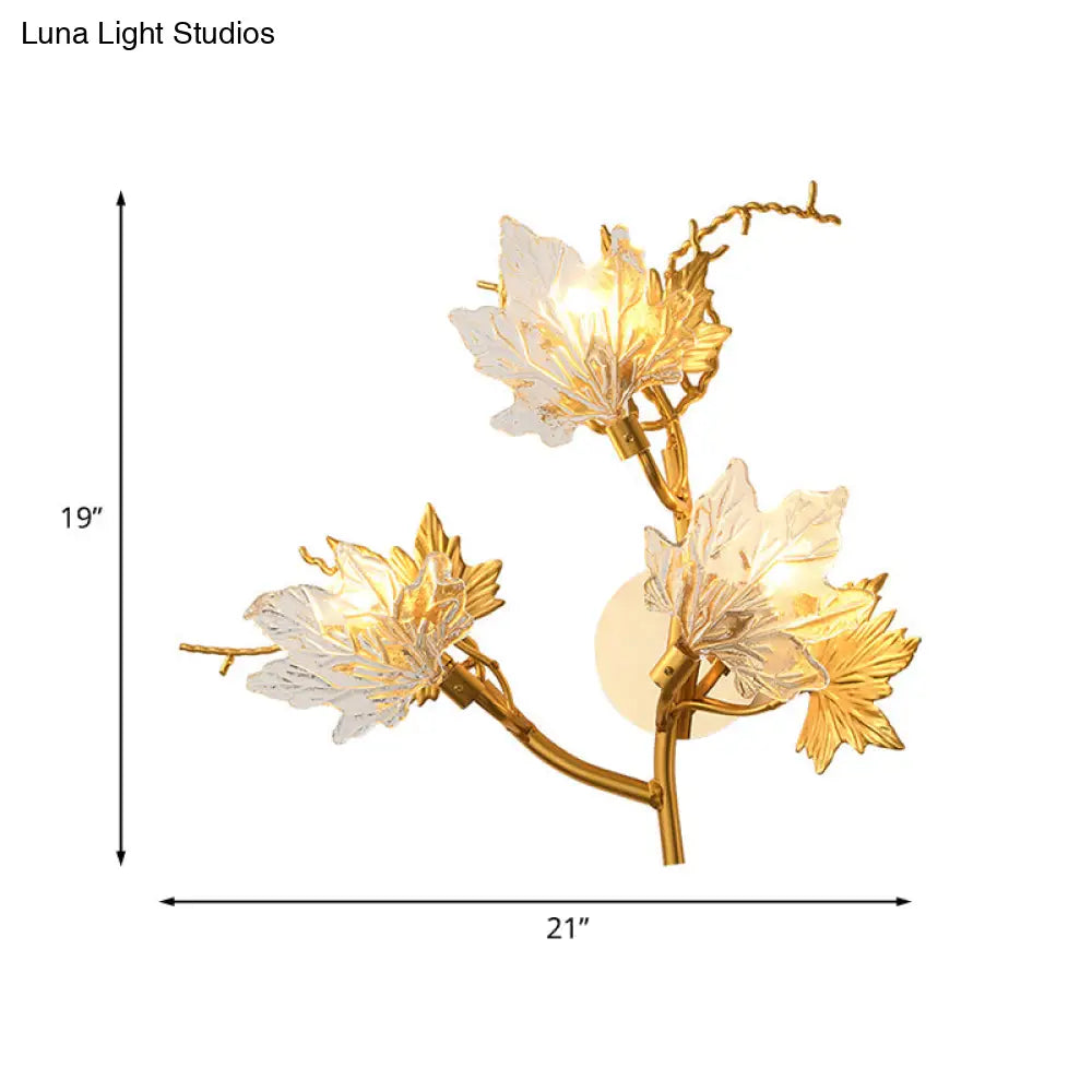 Maple Leaf Wall Lamp - 3-Light Clear Textured Glass Sconce In Gold For Bedroom