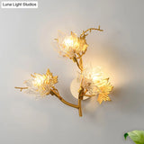 Maple Leaf Wall Lamp - 3-Light Clear Textured Glass Sconce In Gold For Bedroom