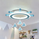 Marine Steering Wheel Flush Light: Kid’s Room Ceiling Mount Fixture With Sailing Boat Design -