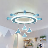 Marine Steering Wheel Flush Light: Kid’s Room Ceiling Mount Fixture With Sailing Boat Design -