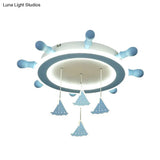 Marine Steering Wheel Flush Light: Kid’s Room Ceiling Mount Fixture With Sailing Boat Design -