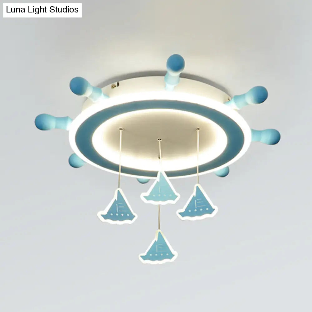 Marine Steering Wheel Flush Light: Kid’s Room Ceiling Mount Fixture With Sailing Boat Design -