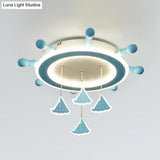 Marine Steering Wheel Flush Light: Kid’s Room Ceiling Mount Fixture With Sailing Boat Design -