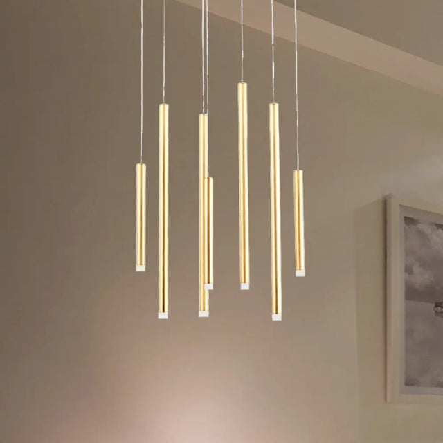Martina - Brown/Gold Slim Pendant Lighting: Modern 7 Lights Metal Hanging Light Gold / White