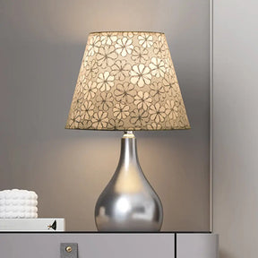 Mathilde - Conic Table Light Modern Fabric 1 Grey Floral Patterned Night Lamp With Gourd Silver
