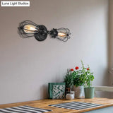 Matte Black Caged Metal Wall Sconce Lighting - Industrial 2-Bulb Design For Dining Room