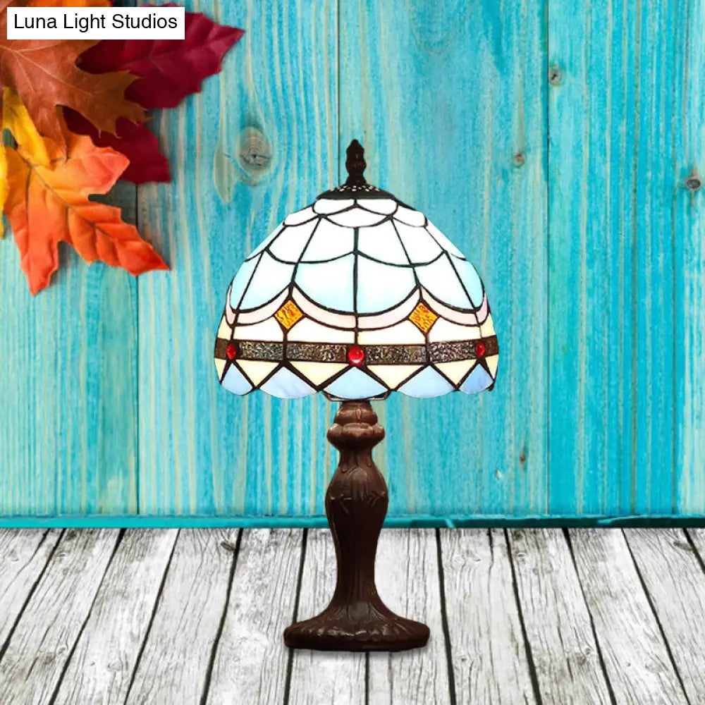 Mediterranean 1-Light Stained Glass Table Lamp With Wave-Pattern Dark Brown Nightstand Light