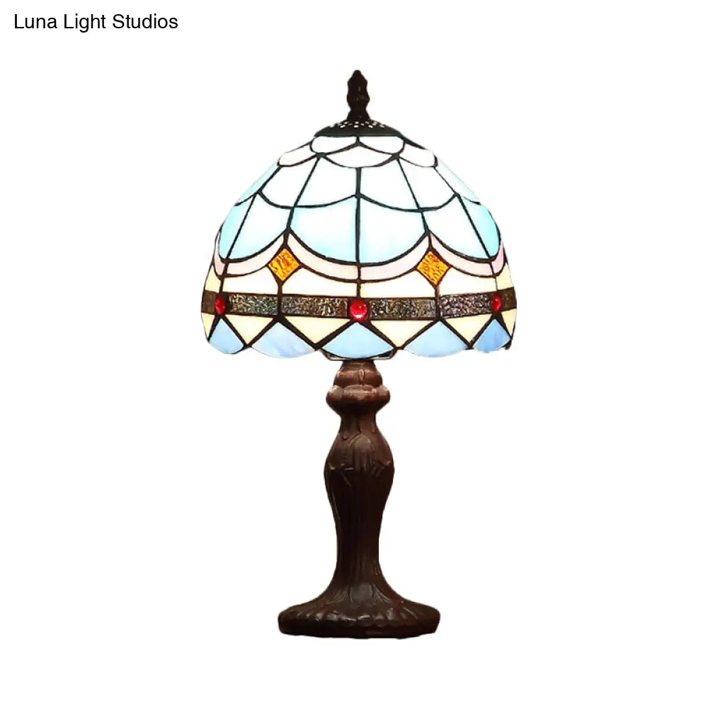 Mediterranean 1-Light Stained Glass Table Lamp With Wave-Pattern Dark Brown Nightstand Light