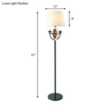 Mediterranean Barrel Floor Lamp - Black Fabric 1 Bulb Round & Bowl Frame Design
