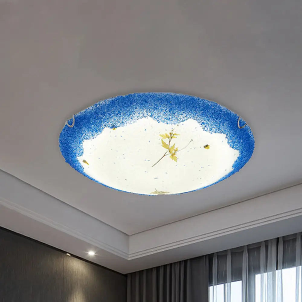 Mediterranean Beach Flush Ceiling Light - Yellow/Blue Stained Glass Lamp Blue