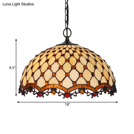 Mediterranean Beige Stained Glass Ceiling Lamp: Scalloped Design 1 Light Suspension Pendant For