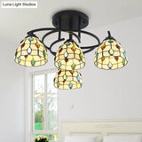 Mediterranean Black Bedroom Ceiling Lamp With Cone/Dome White/Beige/Blue Glass Shade - 4 Lights