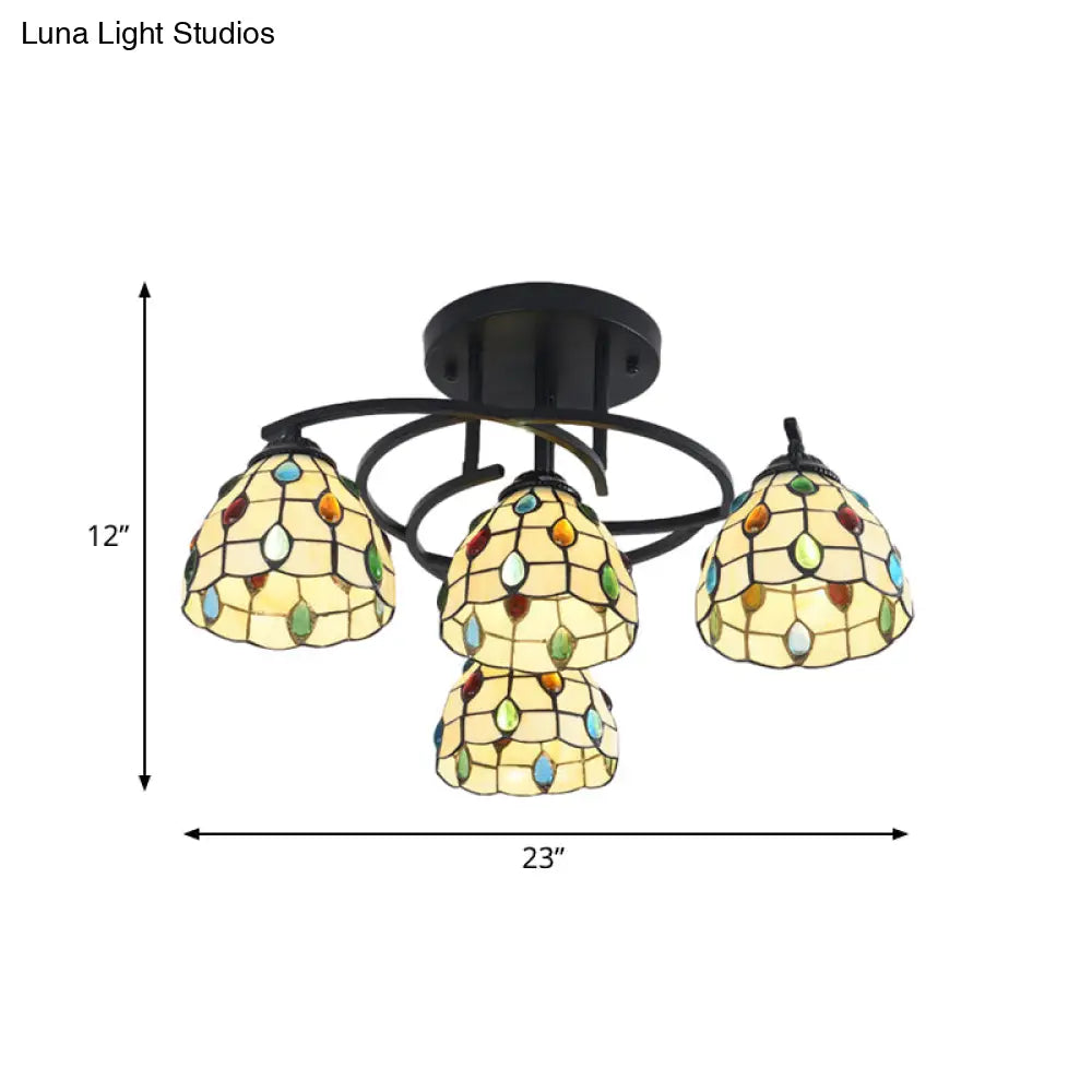Mediterranean Black Bedroom Ceiling Lamp With Cone/Dome White/Beige/Blue Glass Shade - 4 Lights
