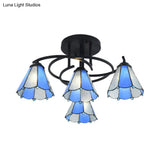 Mediterranean Black Bedroom Ceiling Lamp With Cone/Dome White/Beige/Blue Glass Shade - 4 Lights