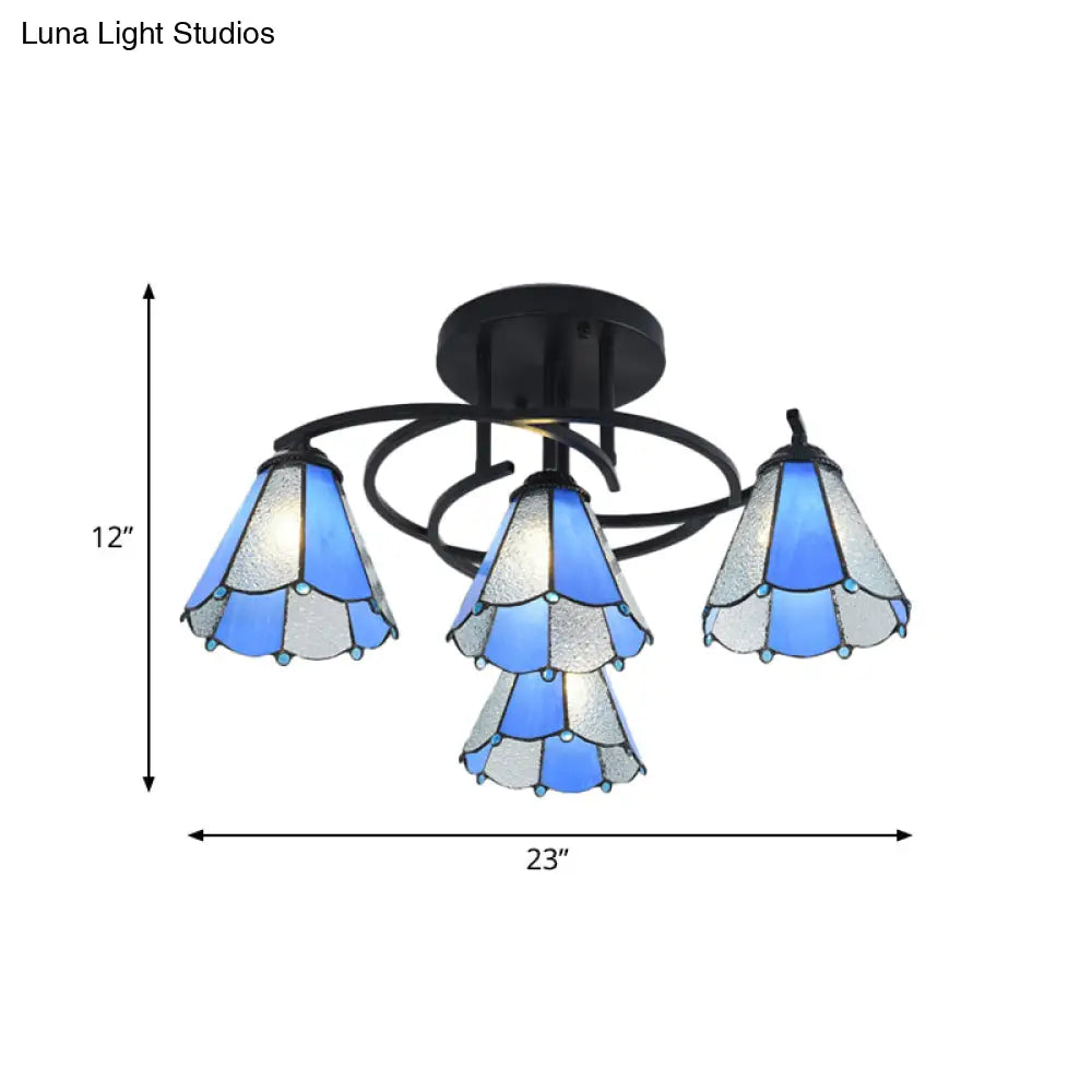 Mediterranean Black Bedroom Ceiling Lamp With Cone/Dome White/Beige/Blue Glass Shade - 4 Lights