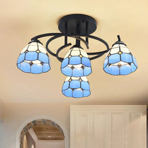 Mediterranean Black Bedroom Ceiling Lamp With Cone/Dome White/Beige/Blue Glass Shade - 4 Lights