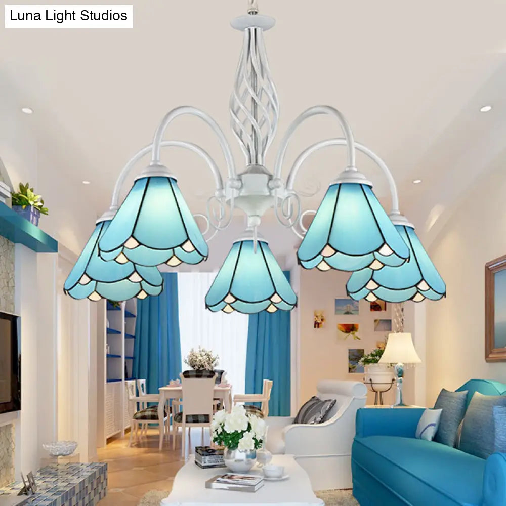 Mediterranean Blue Conical Glass Chandelier With White Arched Arm - Handcrafted Hanging Ceiling