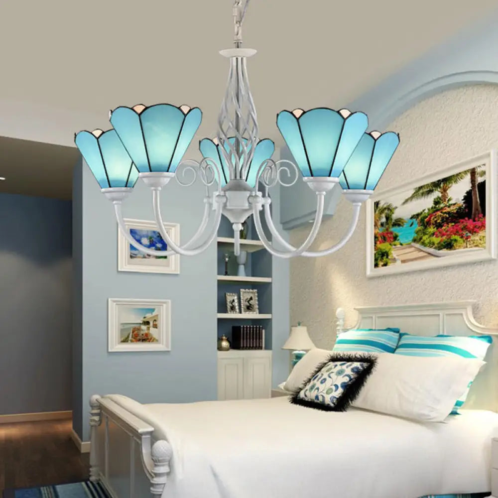 Mediterranean Blue Conical Glass Chandelier With White Arched Arm - Handcrafted Hanging Ceiling