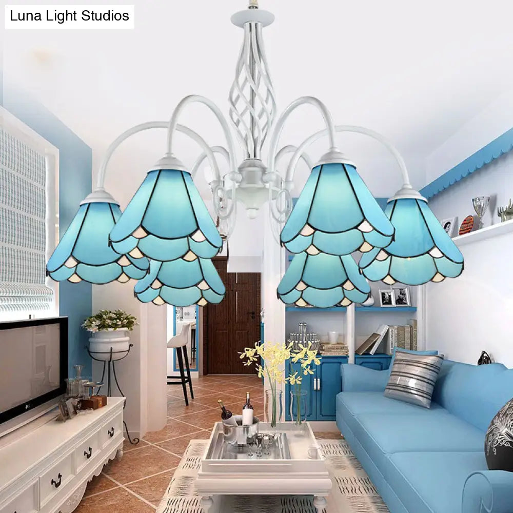 Mediterranean Blue Conical Glass Chandelier With White Arched Arm - Handcrafted Hanging Ceiling