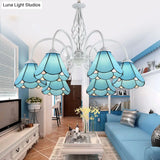 Mediterranean Blue Conical Glass Chandelier With White Arched Arm - Handcrafted Hanging Ceiling