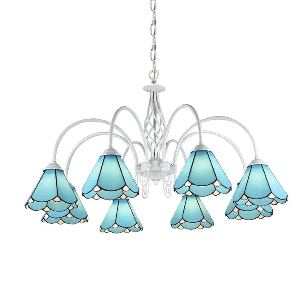 Mediterranean Blue Conical Glass Chandelier With White Arched Arm - Handcrafted Hanging Ceiling