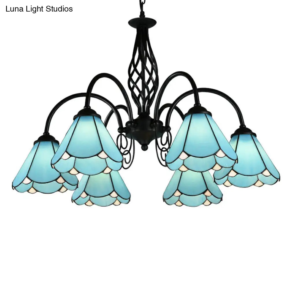Mediterranean Blue Glass Floral Chandelier Light - Elegant Ceiling Lamp For Living Room