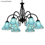 Mediterranean Blue Glass Floral Chandelier Light - Elegant Ceiling Lamp For Living Room