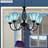 Mediterranean Blue Glass Floral Chandelier Light - Elegant Ceiling Lamp For Living Room